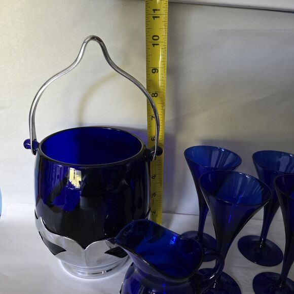 Lot Vintage Farber Bros Cobalt Blue Glass Ice Bucket, Creamer Art Deco 4 Glasses - Picture 9 of 16